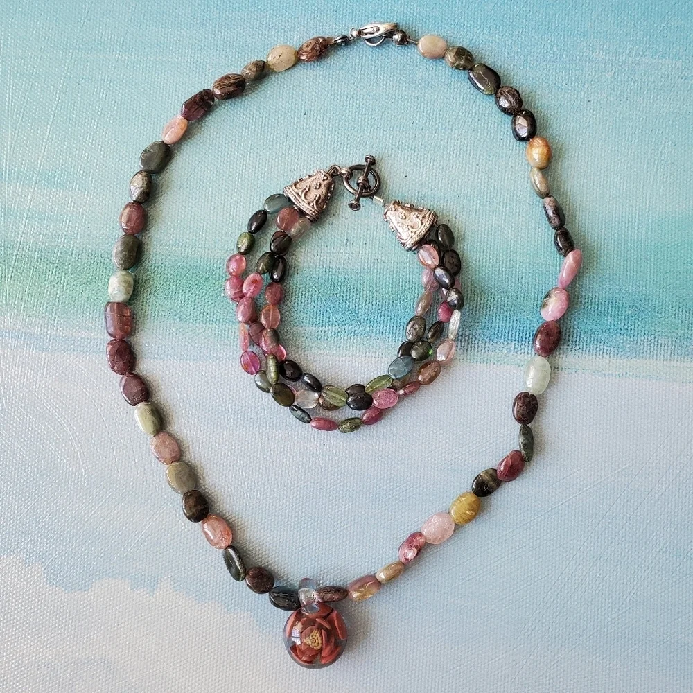 Tourmaline Necklace w/ Glass Cabochon & Bracket